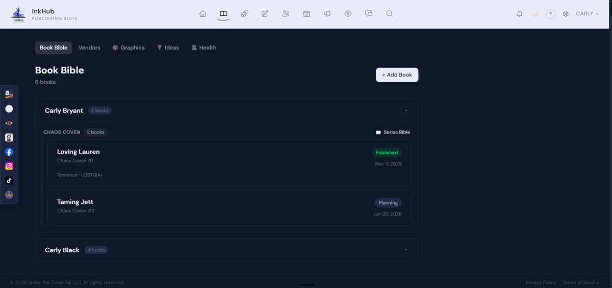 InkHub Book Bible — book metadata and asset management for indie authors